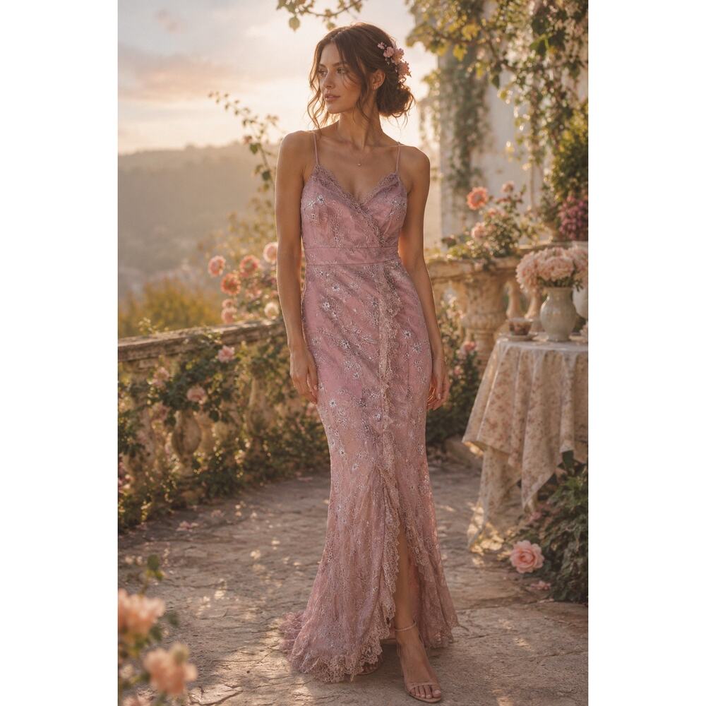 Majorelle Dusty Rose Lace Mermaid Gown Maxi Dress Whimsy Romantic Formal Size XS